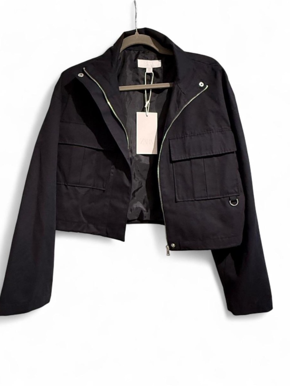 Zara Black Cropped Jacket with Flap Pockets